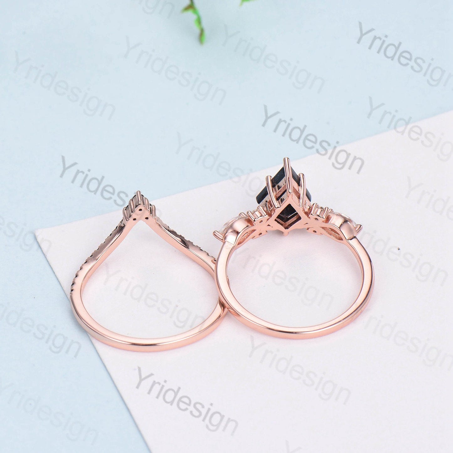 Kite Cut Alexandrite Engagement Ring Set, Rose Gold Twisted Wedding Band - PENFINE