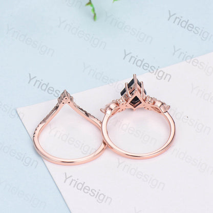 Kite Cut Alexandrite Engagement Ring Set, Rose Gold Twisted Wedding Band - PENFINE