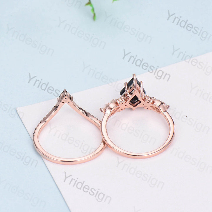 Kite Cut Alexandrite Engagement Ring Set, Rose Gold Twisted Wedding Band - PENFINE