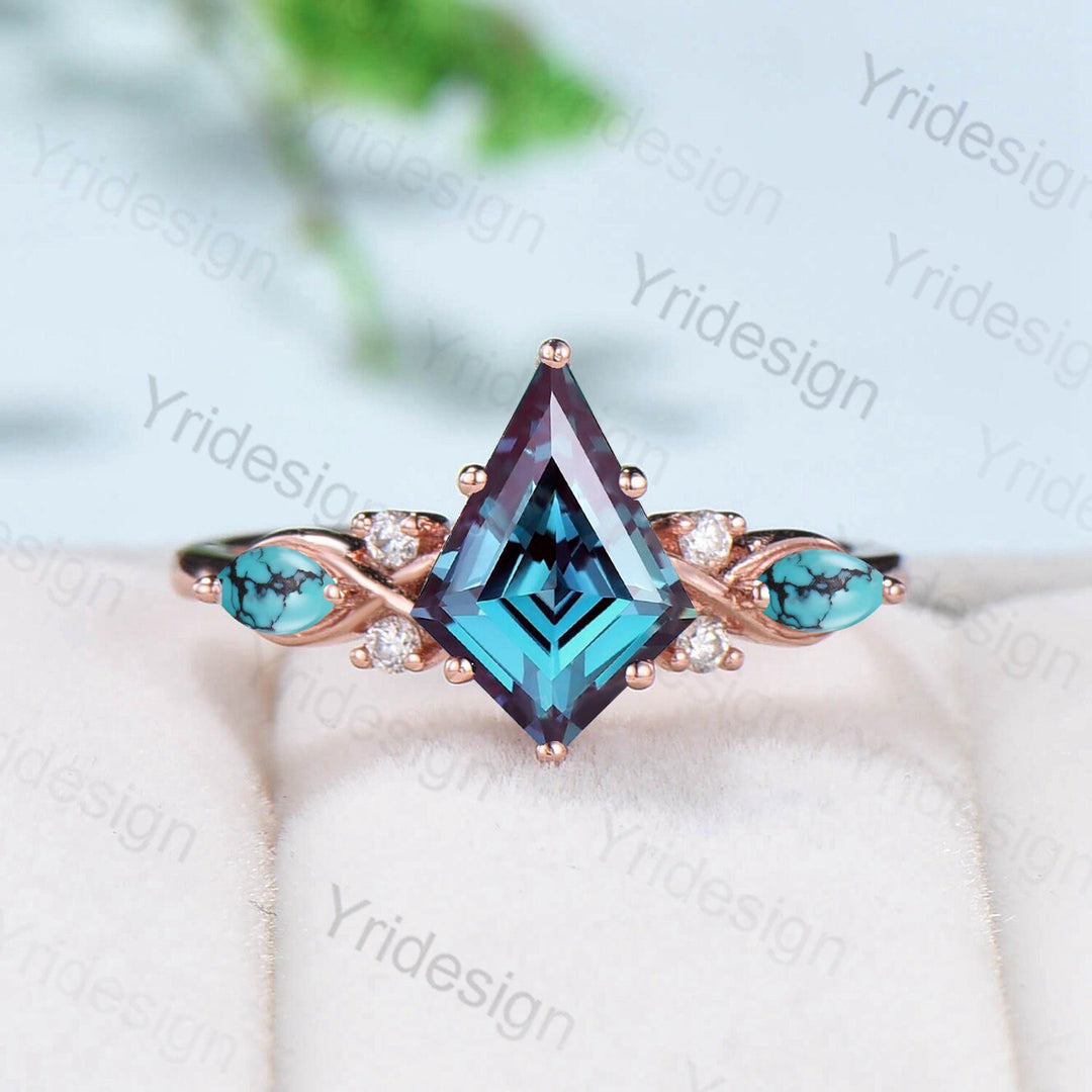 Kite Cut Alexandrite Engagement Ring Set, Rose Gold Twisted Wedding Band - PENFINE