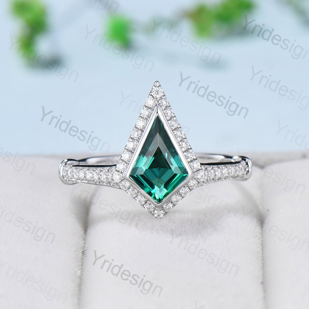 Bezel white gold emerald engagement ring antique halo moissanite diamond knot wedding ring Vintage Style Unique Women Anniversary Gift - PENFINE