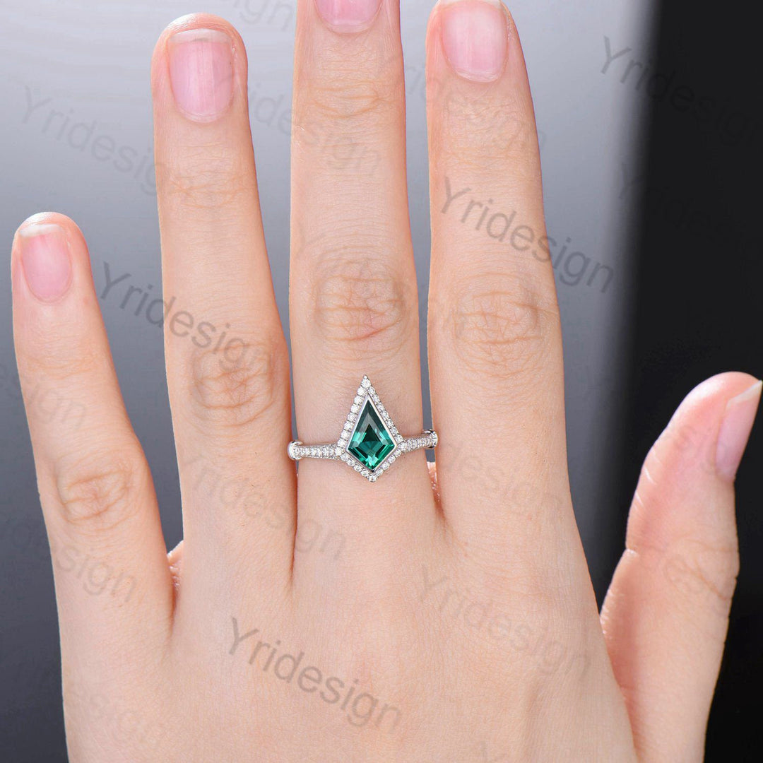 Bezel white gold emerald engagement ring antique halo moissanite diamond knot wedding ring Vintage Style Unique Women Anniversary Gift - PENFINE