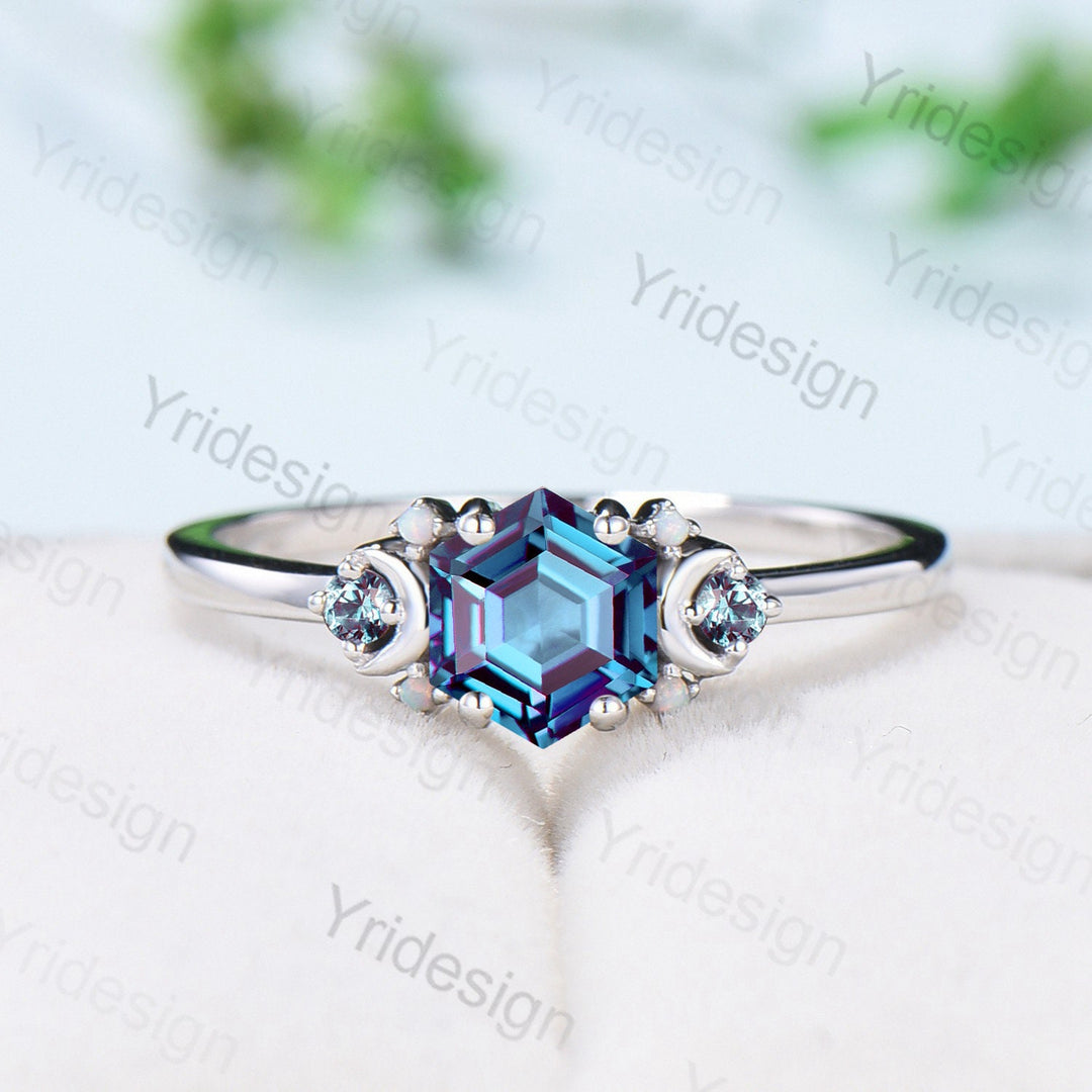 Vintage Moon Alexandrite Ring Unique Nature Inspired Color Changing Hexagon Engagement Ring Alternative Alexandrite Opal Wedding Ring Gift - PENFINE