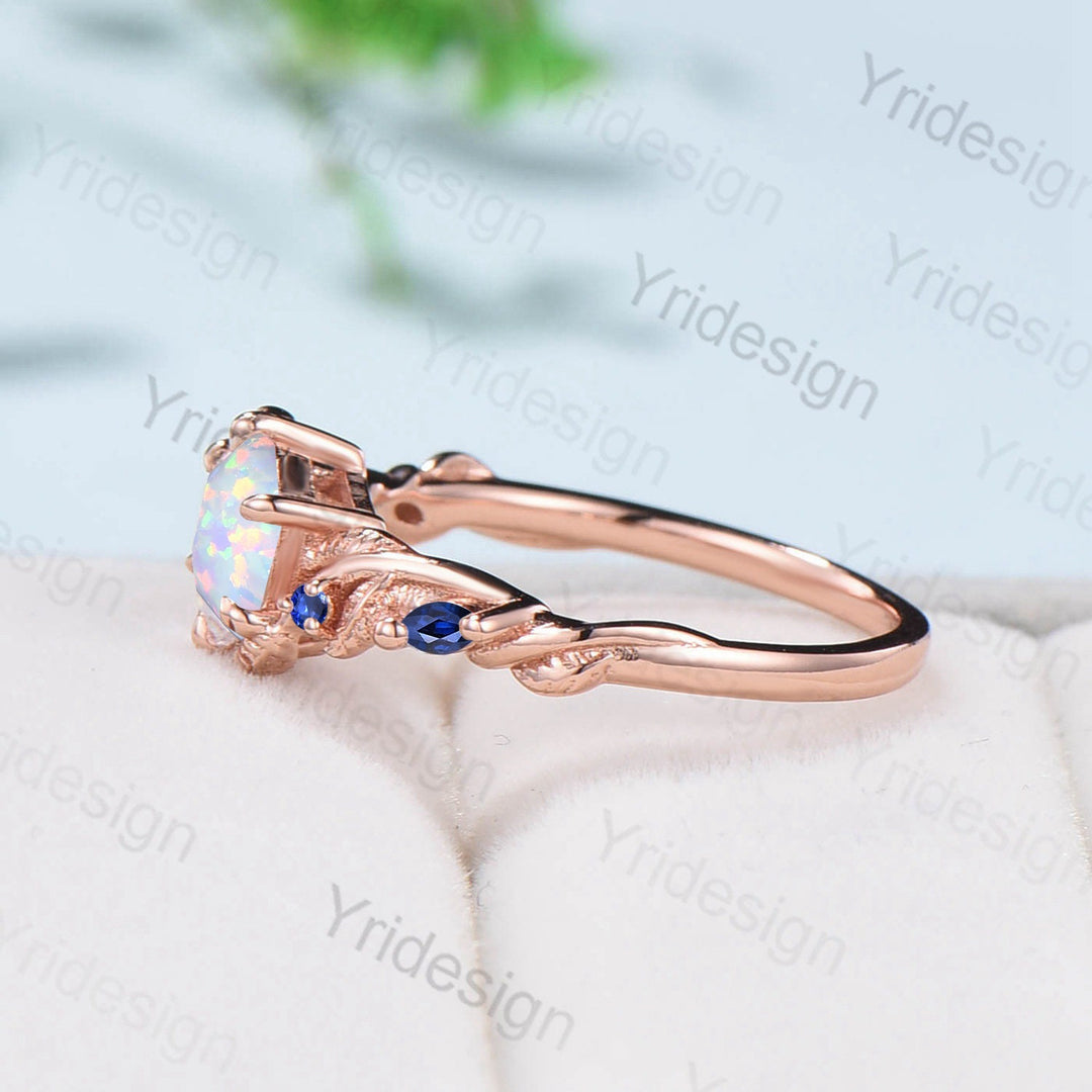 Twig Opal Engagement Ring Vintage White Opal Leaf Vine Unique Nature Inspired Rose Gold Bridal Ring Branch Sapphire Wedding Ring for Women - PENFINE
