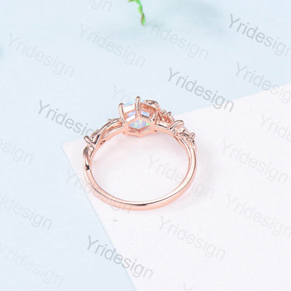 Twig Opal Engagement Ring Vintage White Opal Leaf Vine Unique Nature Inspired Rose Gold Bridal Ring Branch Sapphire Wedding Ring for Women - PENFINE