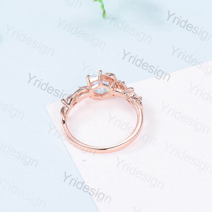 Twig Opal Engagement Ring Vintage White Opal Leaf Vine Unique Nature Inspired Rose Gold Bridal Ring Branch Sapphire Wedding Ring for Women - PENFINE