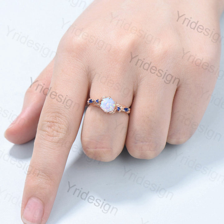 Twig Opal Engagement Ring Vintage White Opal Leaf Vine Unique Nature Inspired Rose Gold Bridal Ring Branch Sapphire Wedding Ring for Women - PENFINE