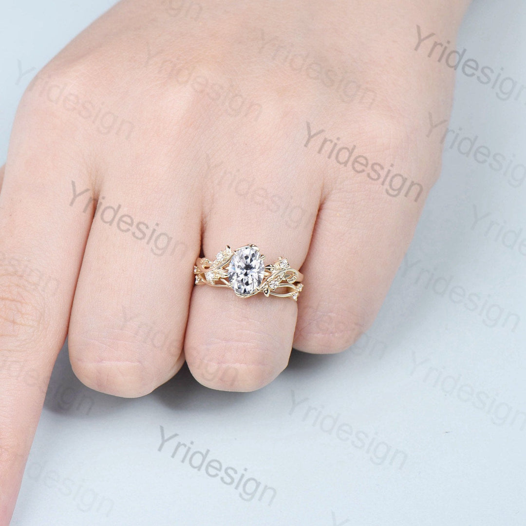 Nature Inspired black gold oval moissanite wedding ring set cluster branch leaf engagement ring vintage anniversary promise gift for fiancee - PENFINE