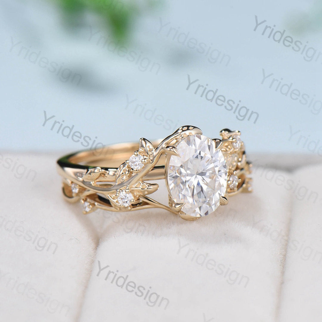 Nature Inspired black gold oval moissanite wedding ring set cluster branch leaf engagement ring vintage anniversary promise gift for fiancee - PENFINE