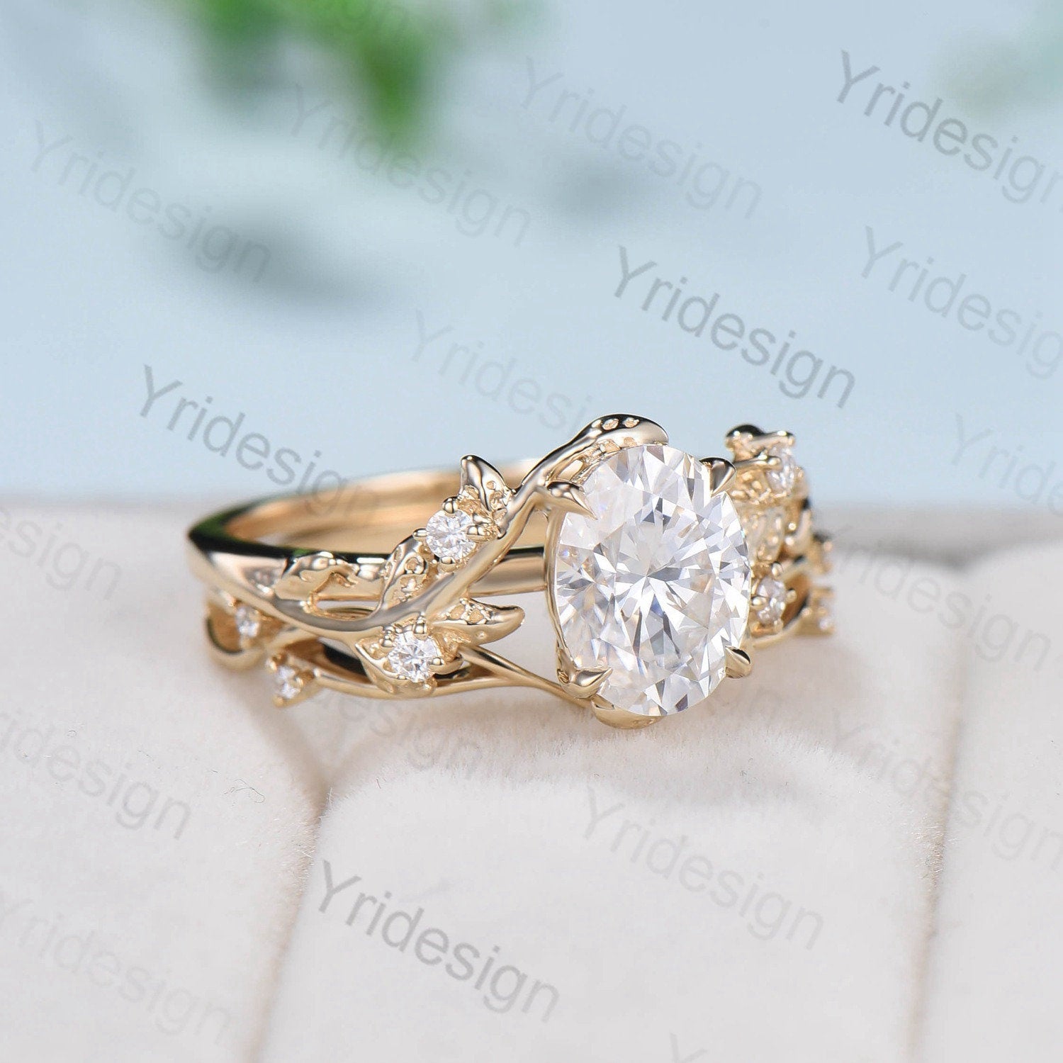 Nature Inspired black gold oval moissanite wedding ring set cluster branch leaf engagement ring vintage anniversary promise gift for fiancee - PENFINE