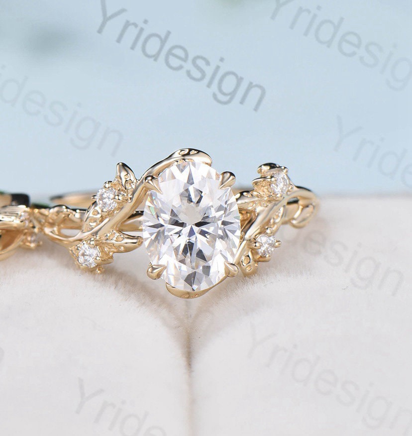 Nature Inspired black gold oval moissanite wedding ring set cluster branch leaf engagement ring vintage anniversary promise gift for fiancee - PENFINE