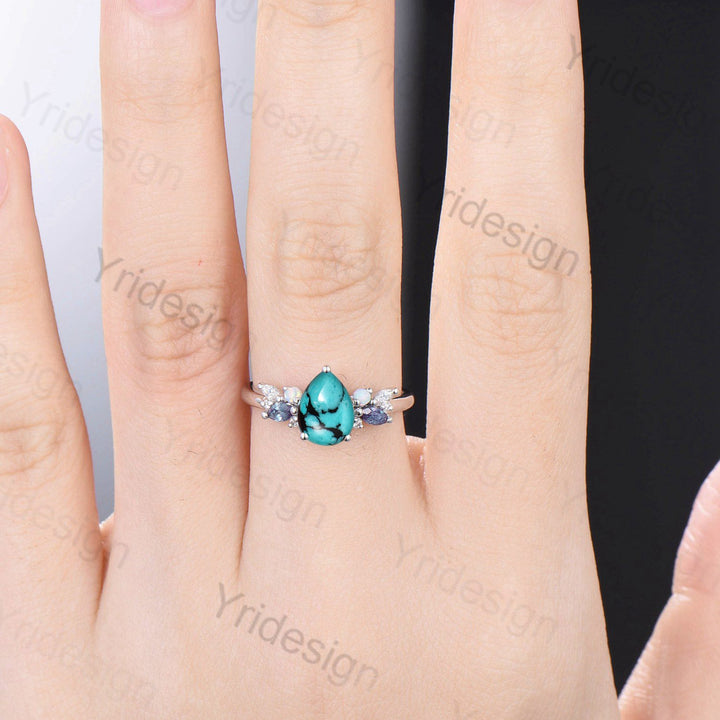 Teardrop Turquoise Engagement Ring: Rose Gold, Alexandrite & Opal Accents - PENFINE