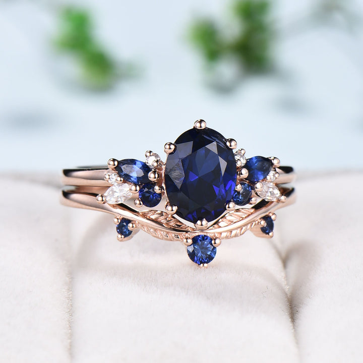 Vintage Sapphire Engagement Ring Set, 10K 14K 18K Solid White Gold Blue Sapphire Wedding Set, Leaf Stacking Band Bridal Promise Rings Set - PENFINE