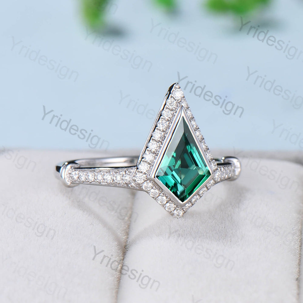 Bezel white gold emerald engagement ring antique halo moissanite diamond knot wedding ring Vintage Style Unique Women Anniversary Gift - PENFINE