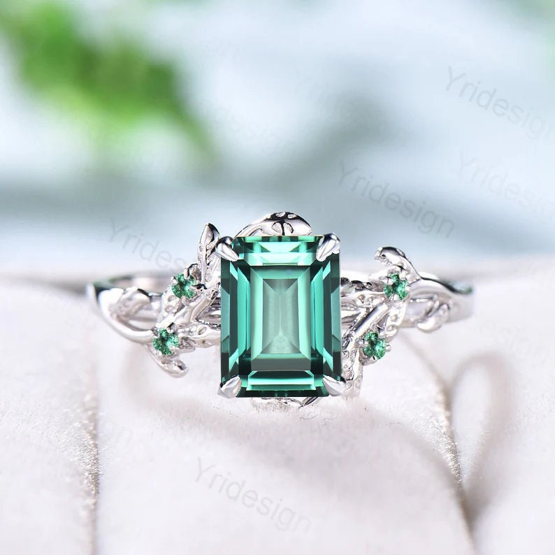 Twig 14K Gold Ring: Hexagon Lab Green Sapphire, Leaf Emerald Accents - PENFINE