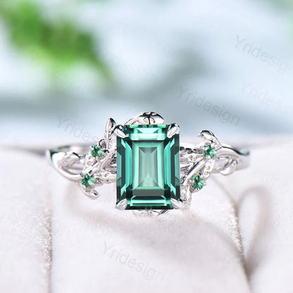 Twig 14K Gold Ring: Hexagon Lab Green Sapphire, Leaf Emerald Accents - PENFINE