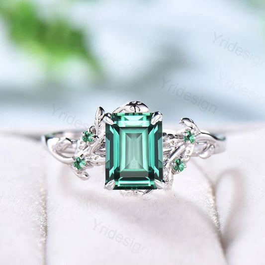 Twig 14K Gold Ring: Hexagon Lab Green Sapphire, Leaf Emerald Accents - PENFINE