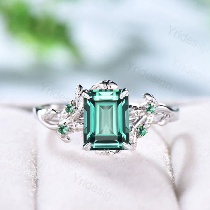 Twig 14K Gold Ring: Hexagon Lab Green Sapphire, Leaf Emerald Accents - PENFINE