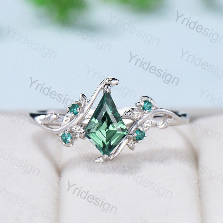 Twig 14K Gold Ring: Hexagon Lab Green Sapphire, Leaf Emerald Accents - PENFINE