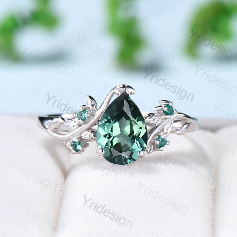 Twig 14K Gold Ring: Hexagon Lab Green Sapphire, Leaf Emerald Accents - PENFINE