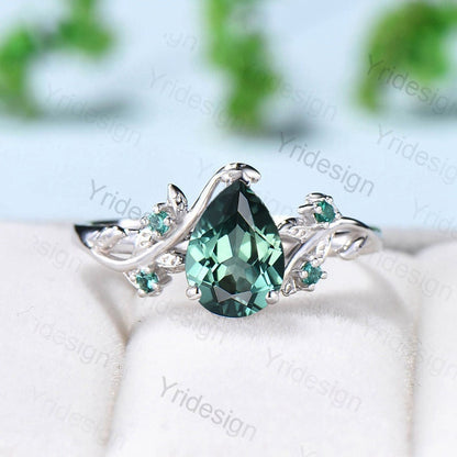 Twig 14K Gold Ring: Hexagon Lab Green Sapphire, Leaf Emerald Accents - PENFINE