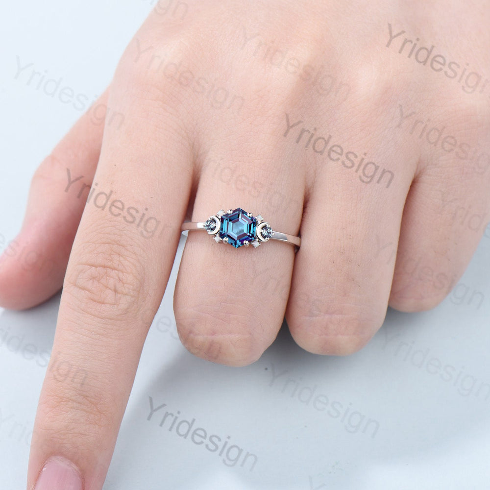 Vintage Moon Alexandrite Ring Unique Nature Inspired Color Changing Hexagon Engagement Ring Alternative Alexandrite Opal Wedding Ring Gift - PENFINE