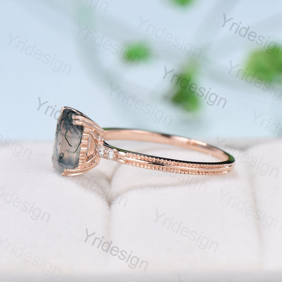 Emerald Cut Moss Agate Diamond Ring Rose Gold Minimalist Dainty Green Agate Engagement Ring  Five Stone Milgrain Women Anniversary Ring - PENFINE