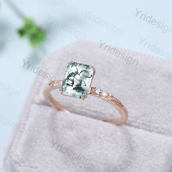 Emerald Cut Moss Agate Diamond Ring Rose Gold Minimalist Dainty Green Agate Engagement Ring  Five Stone Milgrain Women Anniversary Ring - PENFINE