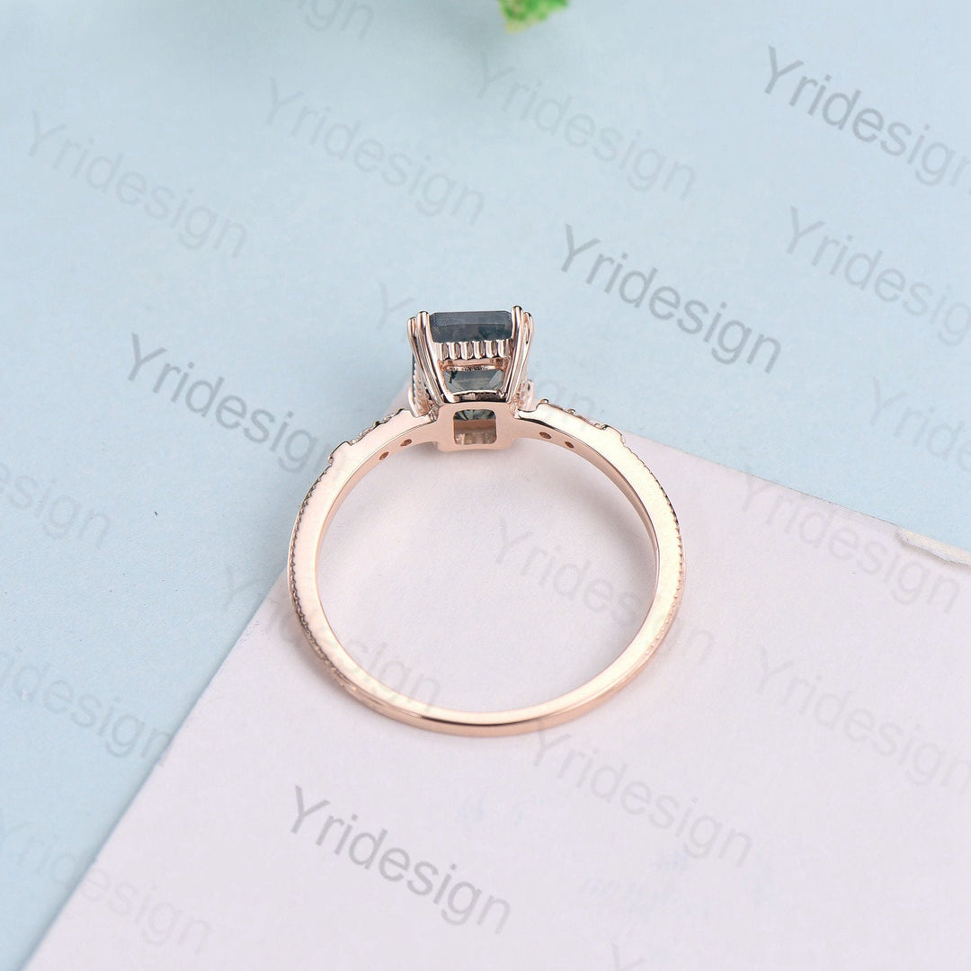 Emerald Cut Moss Agate Diamond Ring Rose Gold Minimalist Dainty Green Agate Engagement Ring  Five Stone Milgrain Women Anniversary Ring - PENFINE