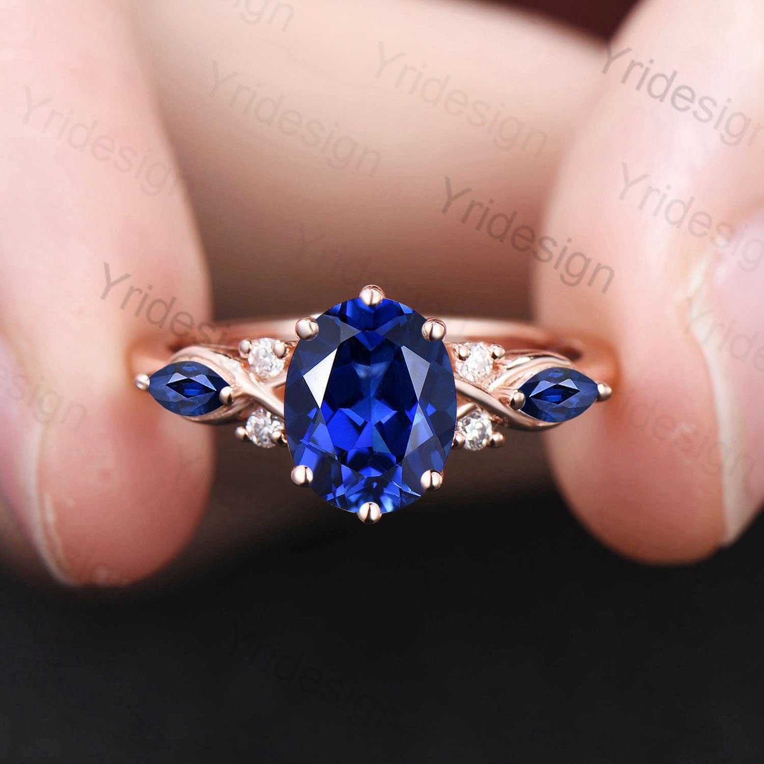 Vintage oval sapphire engagement ring 14k white gold twisted unique blue sapphire wedding ring set art deco anniversary ring gift bridal set - PENFINE