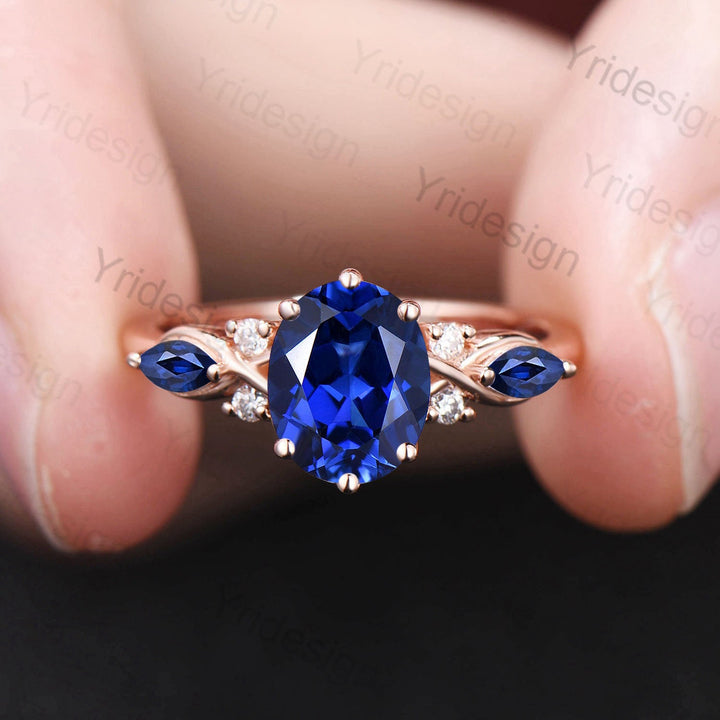 Vintage oval sapphire engagement ring rose gold twisted unique lab blue crystal wedding ring set art deco anniversary ring Christmas gift - PENFINE