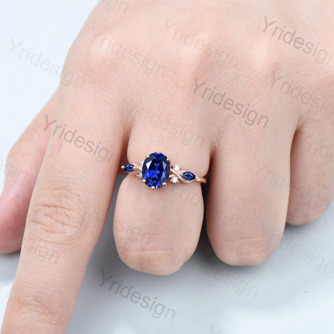 Vintage oval sapphire engagement ring 14k white gold twisted unique blue sapphire wedding ring set art deco anniversary ring gift bridal set - PENFINE