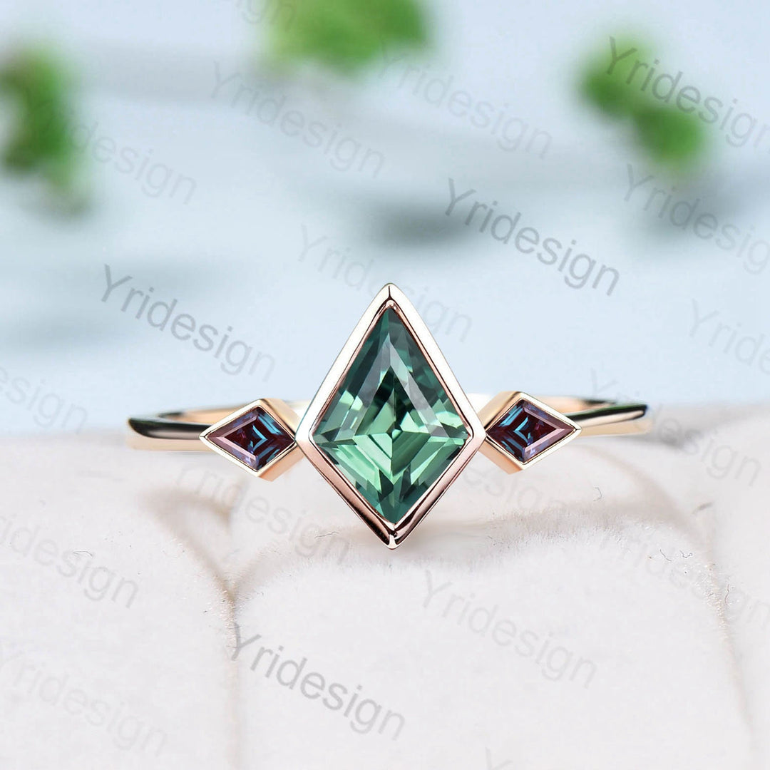 Vintage Kite Lab Green Sapphire Engagement Ring, Alexandrite Accents - PENFINE