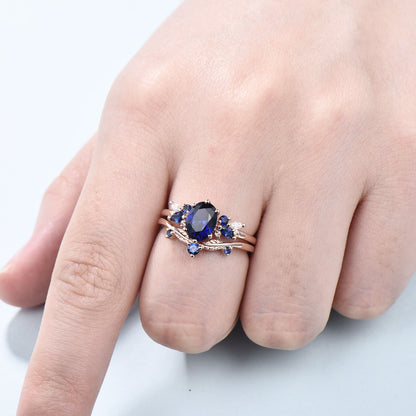 Vintage Sapphire Engagement Ring Set, 10K 14K 18K Solid White Gold Blue Sapphire Wedding Set, Leaf Stacking Band Bridal Promise Rings Set - PENFINE