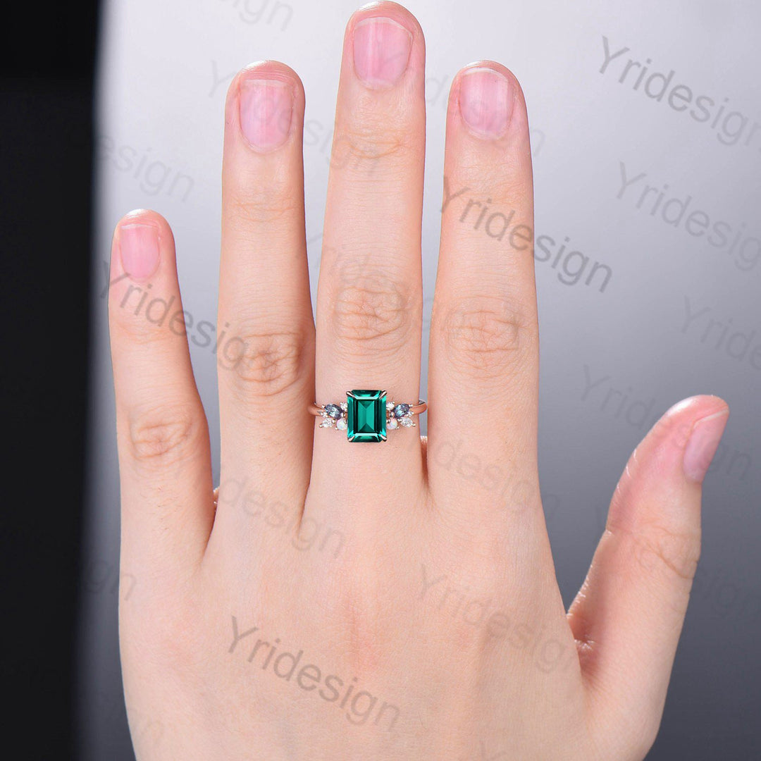 Vintage Emerald Cut Emerald Engagement Ring Rose Gold Alternative Alexandrite Opal Wedding Ring For Women Unique Cluster Promise Ring Gift - PENFINE
