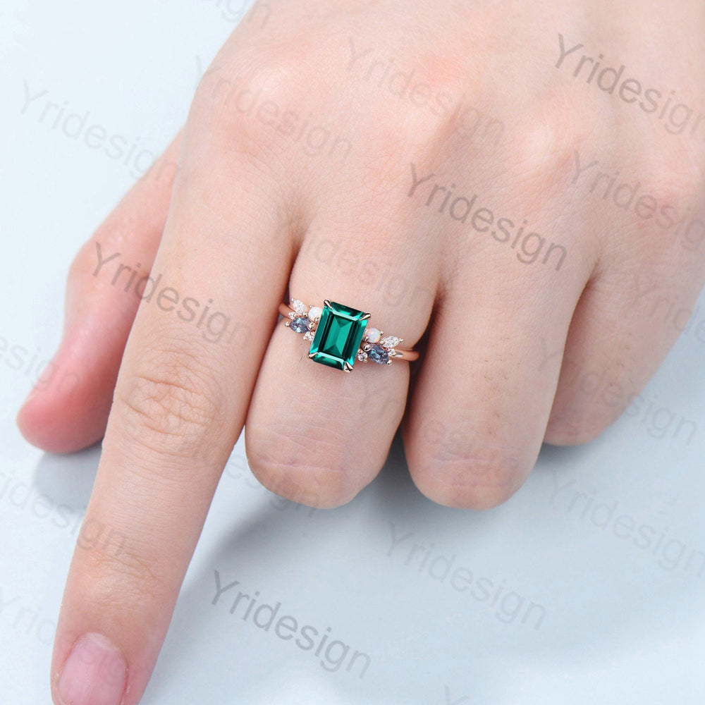 Vintage Emerald Cut Emerald Engagement Ring Rose Gold Alternative Alexandrite Opal Wedding Ring For Women Unique Cluster Promise Ring Gift - PENFINE