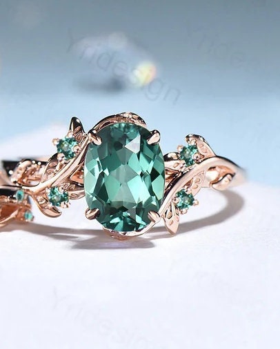 Twig 14K Gold Ring: Hexagon Lab Green Sapphire, Leaf Emerald Accents - PENFINE