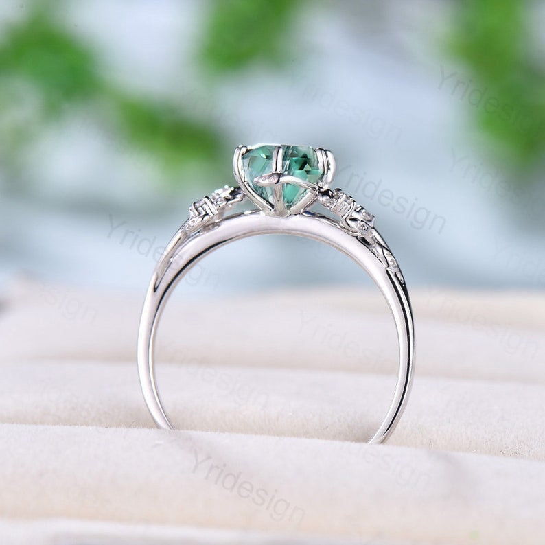 Twig 14K Gold Ring: Hexagon Lab Green Sapphire, Leaf Emerald Accents - PENFINE