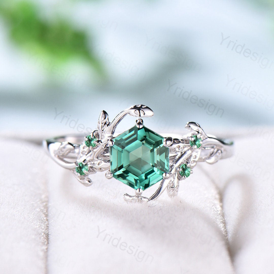 Twig 14K Gold Ring: Hexagon Lab Green Sapphire, Leaf Emerald Accents - PENFINE