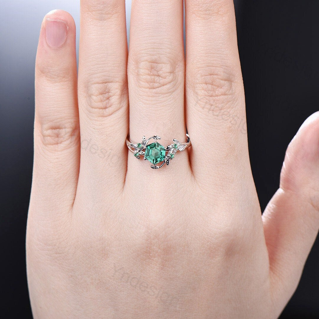 Twig 14K Gold Ring: Hexagon Lab Green Sapphire, Leaf Emerald Accents - PENFINE