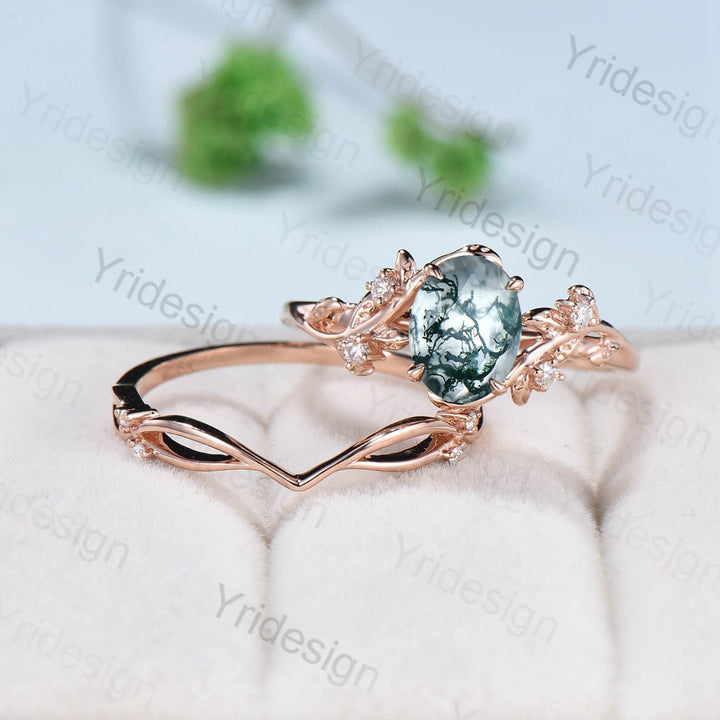 1.5CT Oval moss agate ring set cluster diamond nature inspired aquatic agate wedding ring set Vintage crystal engagement ring 14k rose gold - PENFINE