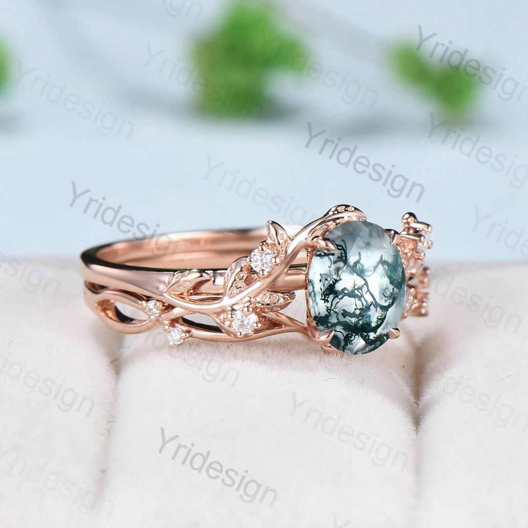 1.5CT Oval moss agate ring set cluster diamond nature inspired aquatic agate wedding ring set Vintage crystal engagement ring 14k rose gold - PENFINE