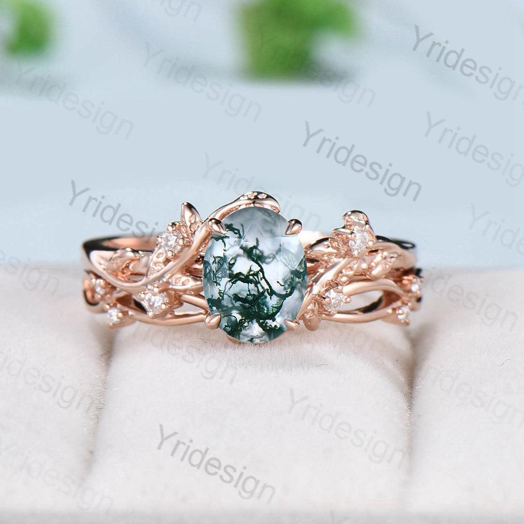 1.5CT Oval moss agate ring set cluster diamond nature inspired aquatic agate wedding ring set Vintage crystal engagement ring 14k rose gold - PENFINE