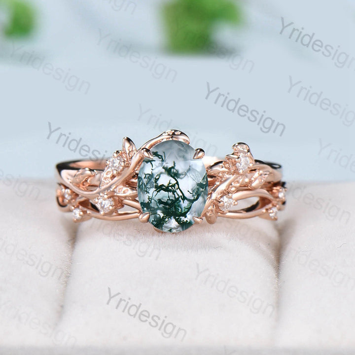 1.5CT Oval moss agate ring set cluster diamond nature inspired aquatic agate wedding ring set Vintage crystal engagement ring 14k rose gold - PENFINE