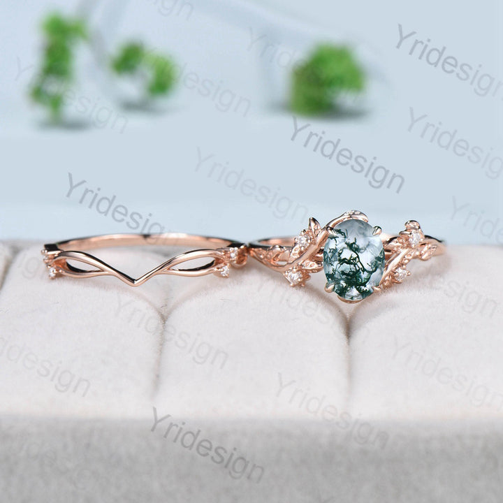 1.5CT Oval moss agate ring set cluster diamond nature inspired aquatic agate wedding ring set Vintage crystal engagement ring 14k rose gold - PENFINE