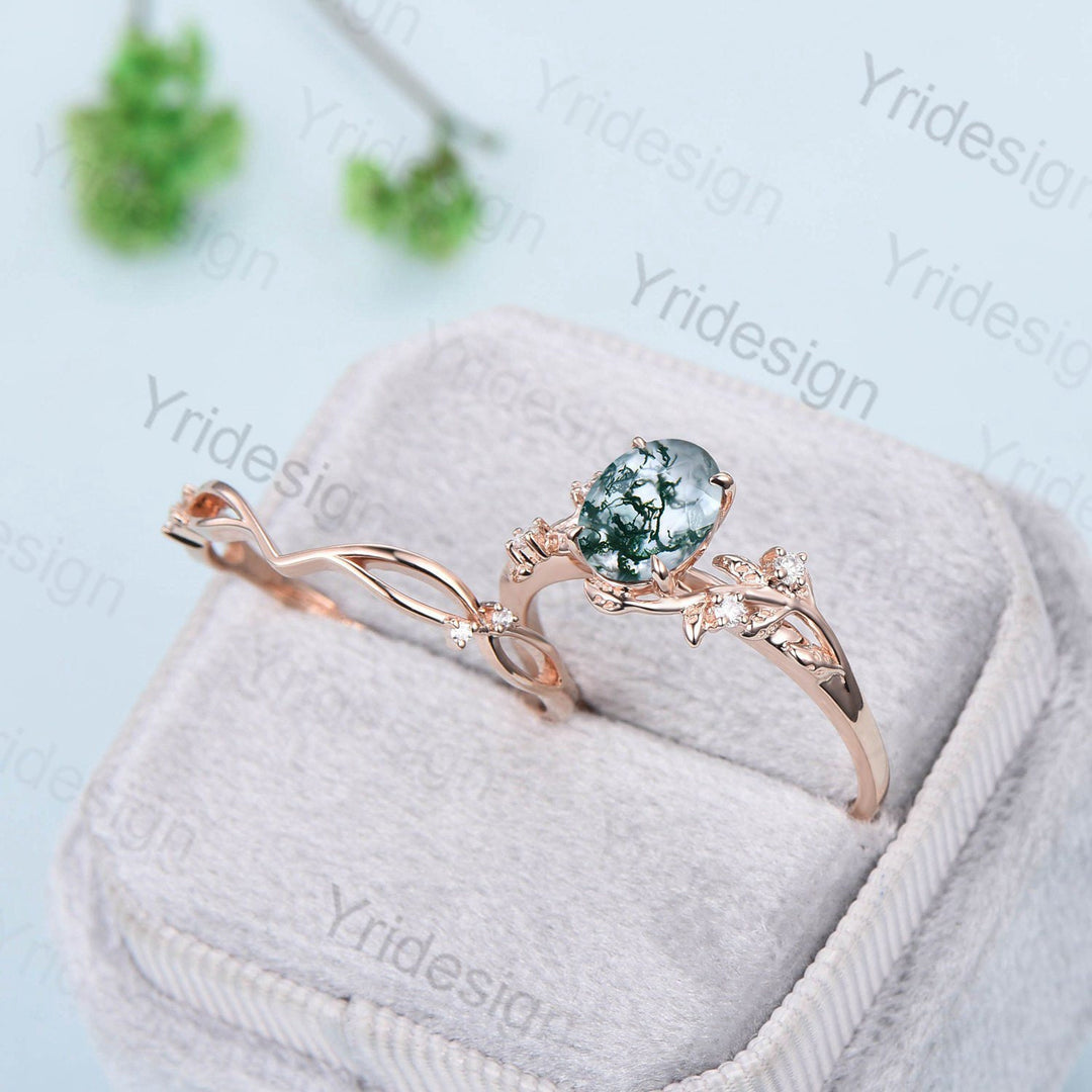 1.5CT Oval moss agate ring set cluster diamond nature inspired aquatic agate wedding ring set Vintage crystal engagement ring 14k rose gold - PENFINE