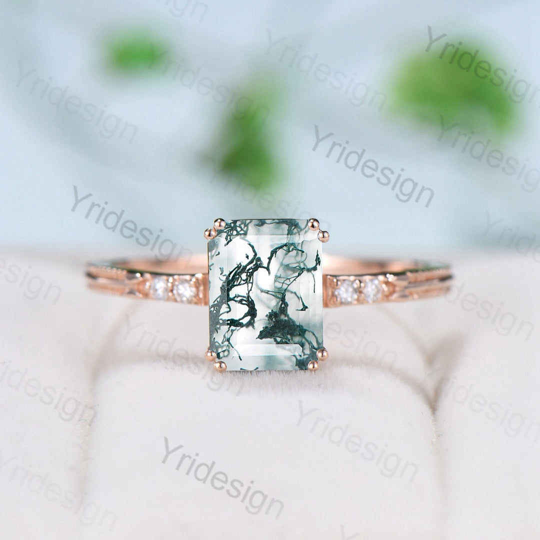 Emerald Cut Moss Agate Diamond Ring Rose Gold Minimalist Dainty Green Agate Engagement Ring  Five Stone Milgrain Women Anniversary Ring - PENFINE