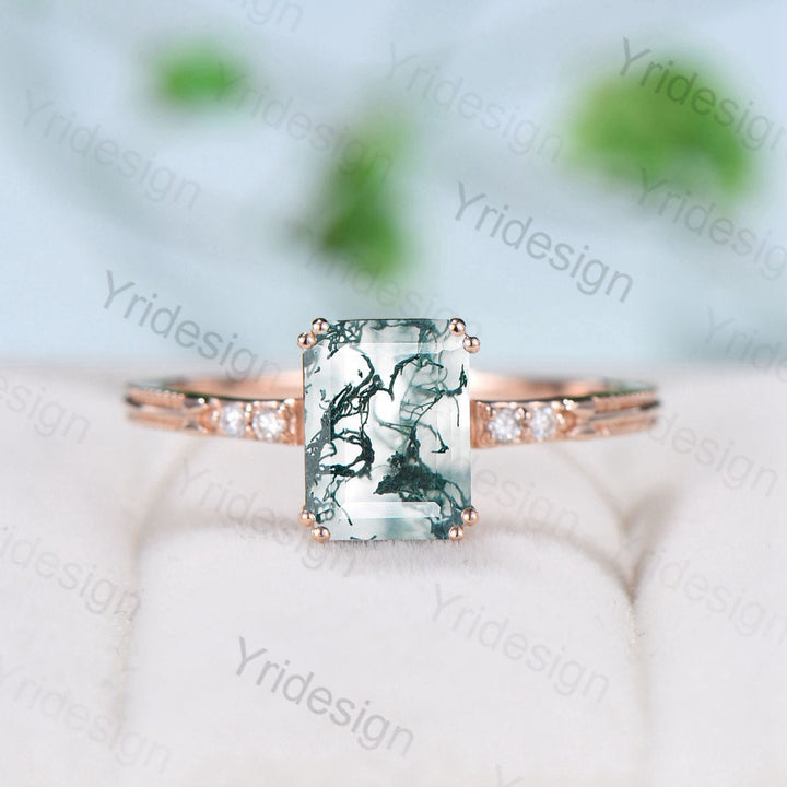 Emerald Cut Moss Agate Diamond Ring Rose Gold Minimalist Dainty Green Agate Engagement Ring  Five Stone Milgrain Women Anniversary Ring - PENFINE