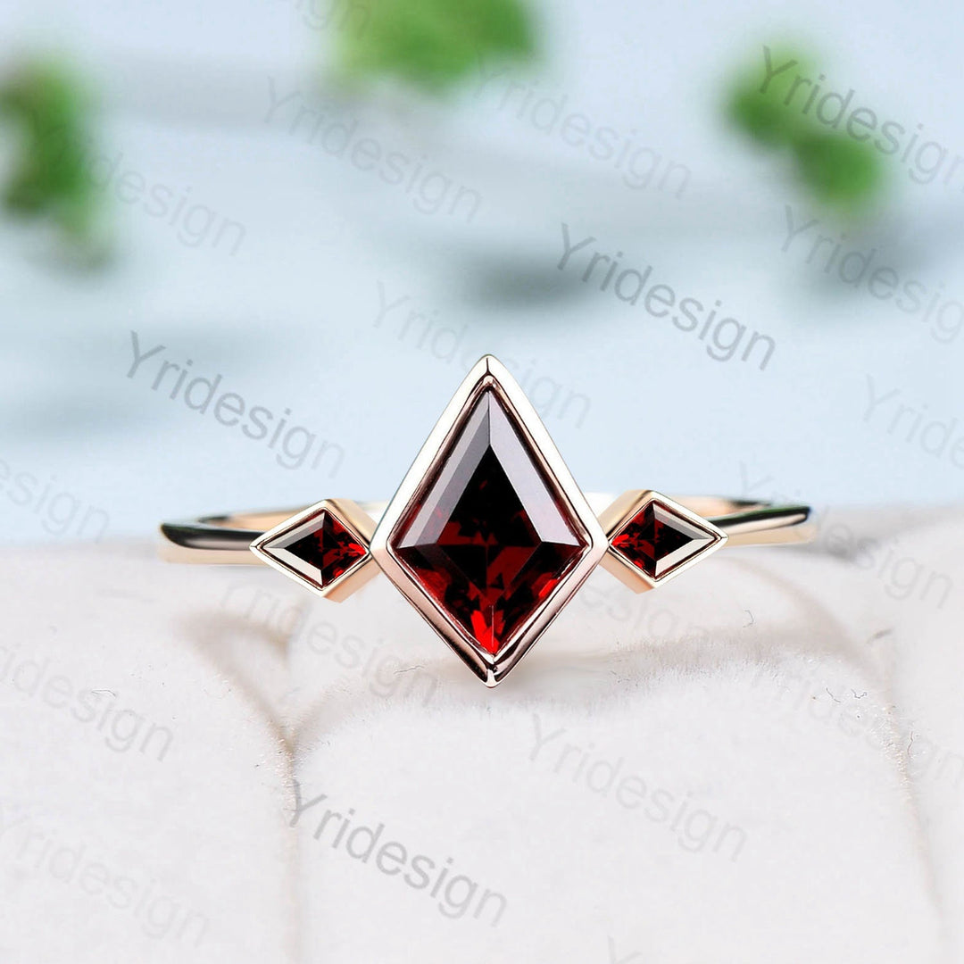 Kite Cut Red Garnet Engagement Ring - Modern Bezel Set Three Stone Band - PENFINE