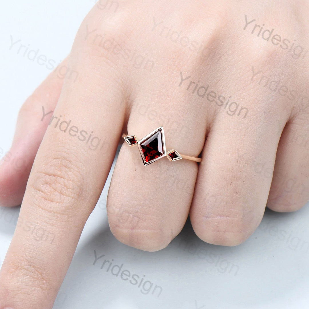 Kite Cut Red Garnet Engagement Ring - Modern Bezel Set Three Stone Band - PENFINE